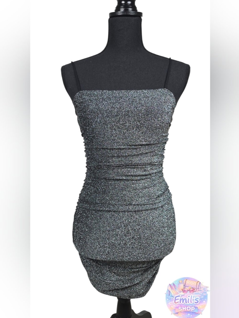 SHEIN Silver Sparkle Ruched Spaghetti Strap Cocktail Dress